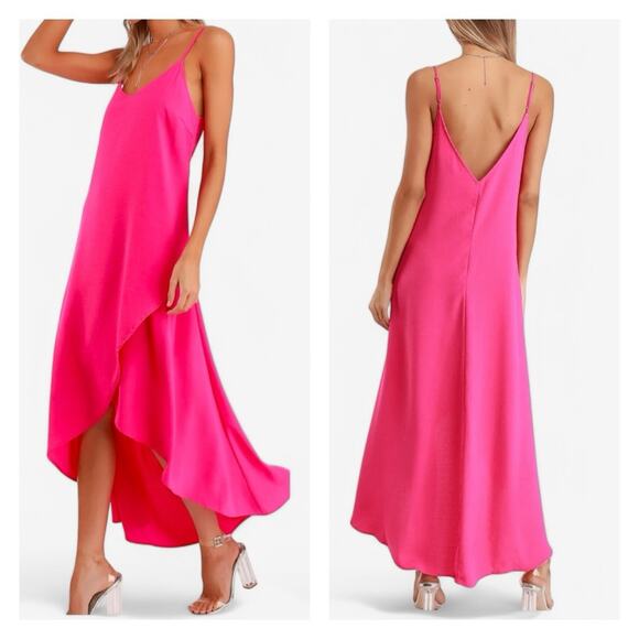 Lulus Strappy Maxi Dress M Sweet Surprise Bright Pink High-Low Coastal Coquette - Picture 1 of 11